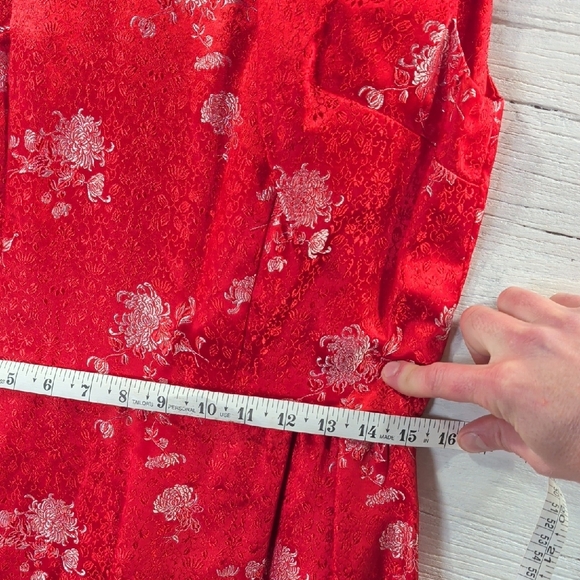 Handmade Red Floral Brocade Dress Sleeveless Midi Asian Inspired - Picture 5 of 6